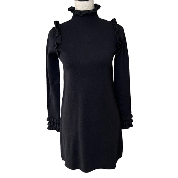 Zara Knit Black Sweater Dress Ruffle Turtleneck High Neck Cozy Medium - Picture 16 of 17